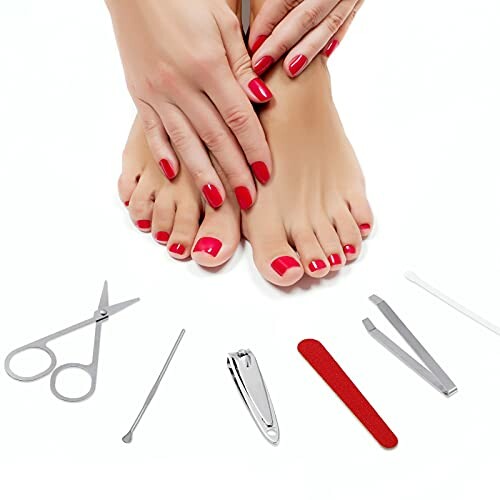 Hands and feet with red nail polish and manicure tools.