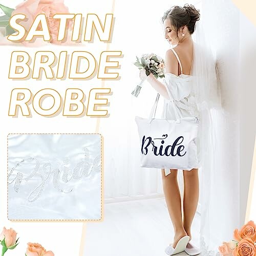 Bride in satin robe holding flowers and a 'Bride' bag