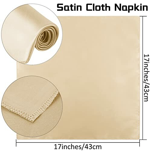 Beige satin cloth napkin with rolled and hemmed edges.