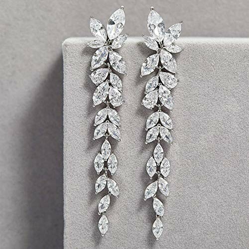 Elegant silver crystal drop earrings with leaf design