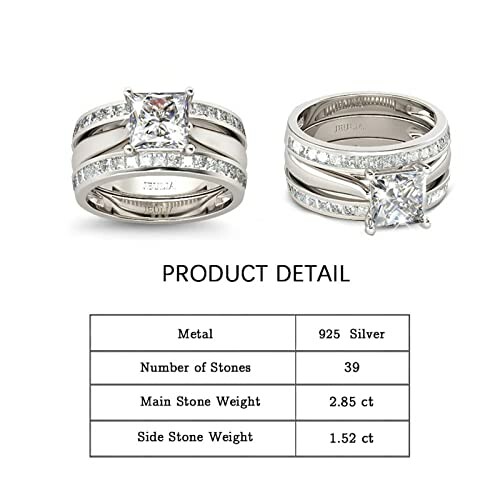 Silver engagement ring set with square-cut stones and product details.