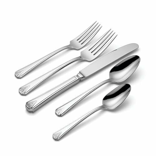 Set of silverware including forks, knives, and spoons.