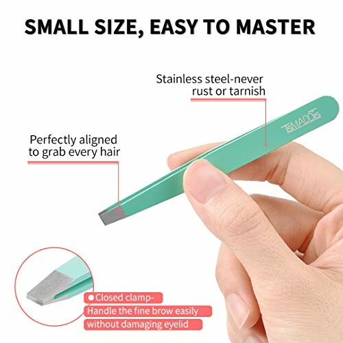 Hand holding a pair of stainless steel tweezers with features highlighted.