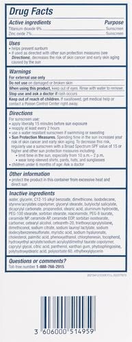 Sunscreen drug facts label with active ingredients and directions.