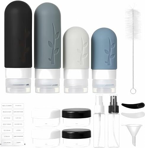 Travel toiletry bottle set with silicone bottles, jars, spray bottles, and brush