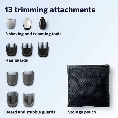 Image of 13 trimming attachments including shaving tools, hair guards, beard and stubble guards, with a storage pouch.