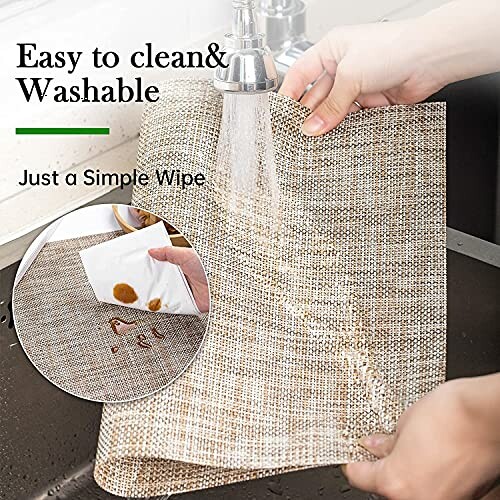 Hands washing a table mat under a faucet, demonstrating easy cleaning.