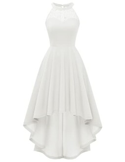 White high-low dress with lace neckline.