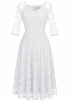 White lace dress with three-quarter sleeves.