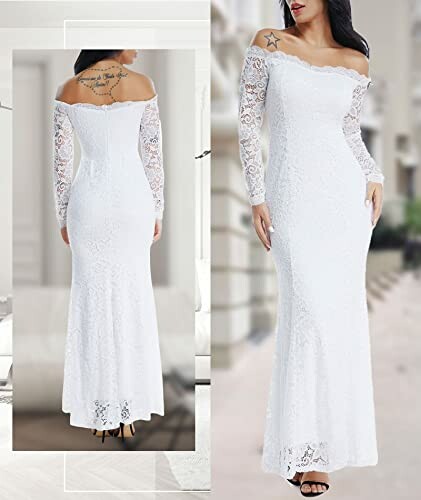 White lace off-shoulder long dress with back and front views