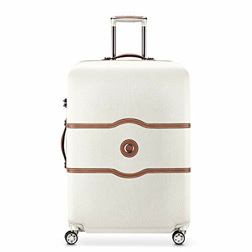 White suitcase with wheels and brown accents