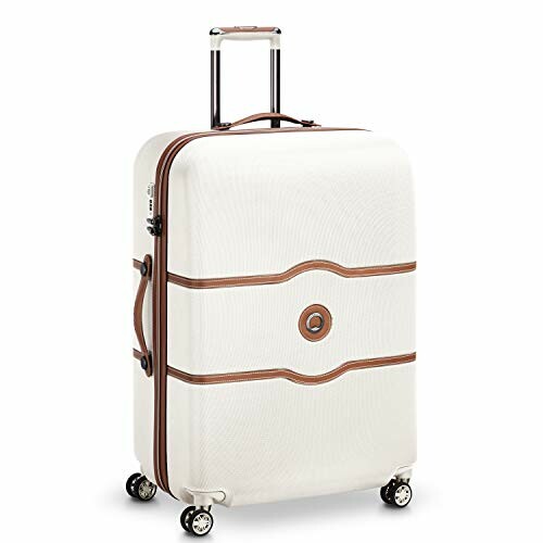 White suitcase with brown accents and wheels