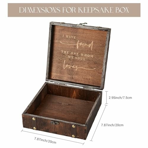 Open wooden keepsake box with dimensions labeled.