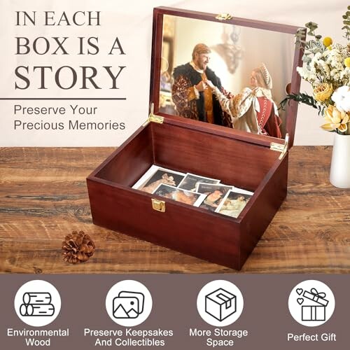 Open wooden memory box with photos inside and a decorative lid.