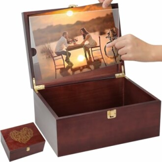 Large Wooden Keepsake Box with Hinged Lid and Photo Frame