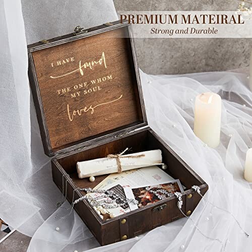 Wooden box with romantic message and keepsakes inside.