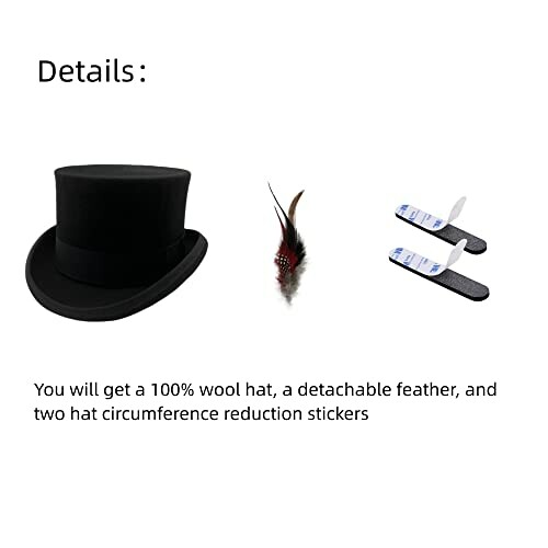 Black wool hat, detachable feather, and hat size reduction stickers.